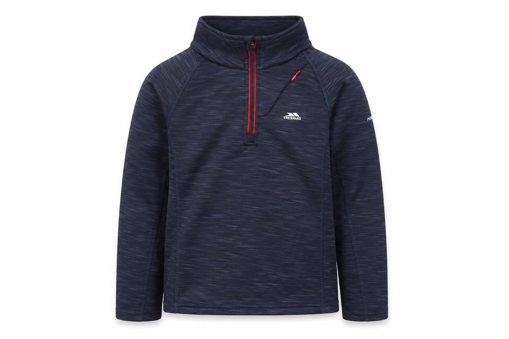 Front view of Trespass boys’ blue 1/4 zip sweatshirt, lightweight, 7-8 years