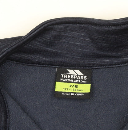 Close-up detail of Trespass boys’ blue 1/4 zip sweatshirt, lightweight, 7-8 years