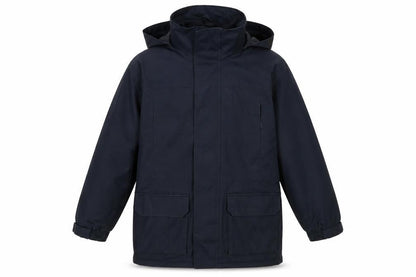 Front view of Winterbottom's boys’ blue rain coat jacket, l, hooded, school