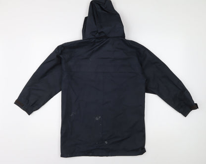 Back view of Winterbottom's boys’ blue rain coat jacket, l, hooded, school
