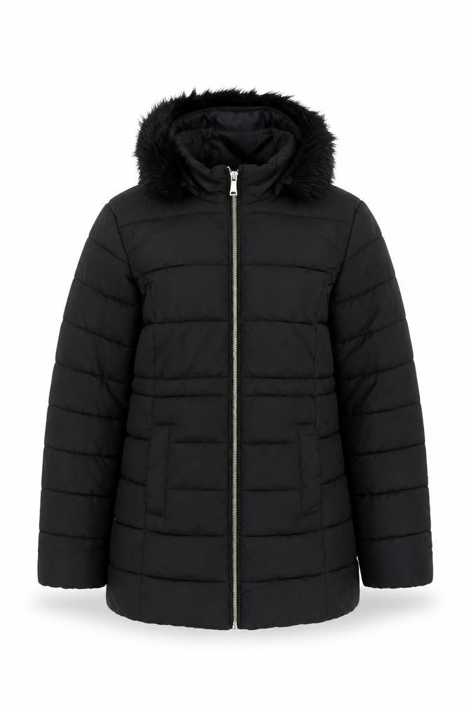 M&Co Girls Black Puffer Jacket with Faux Fur Hood - Size 12