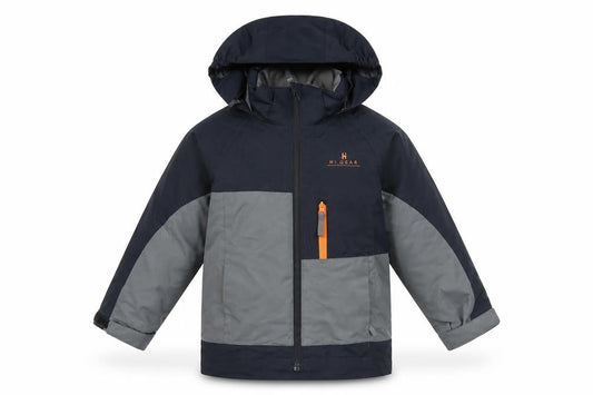 Front view of Hi Gear boys’' black grey puffer jacket 3-4 years hooded