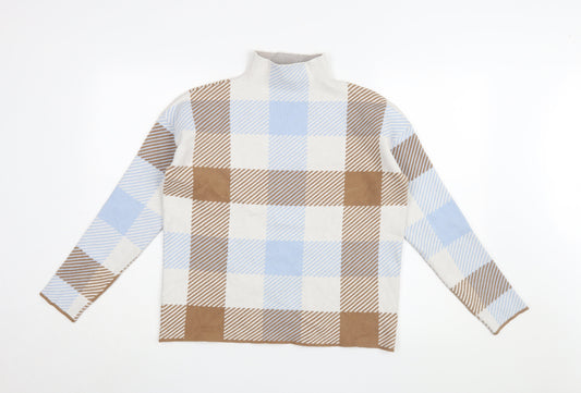 Tahari Women's Plaid Mock Neck Top - M, Beige/Blue/Brown