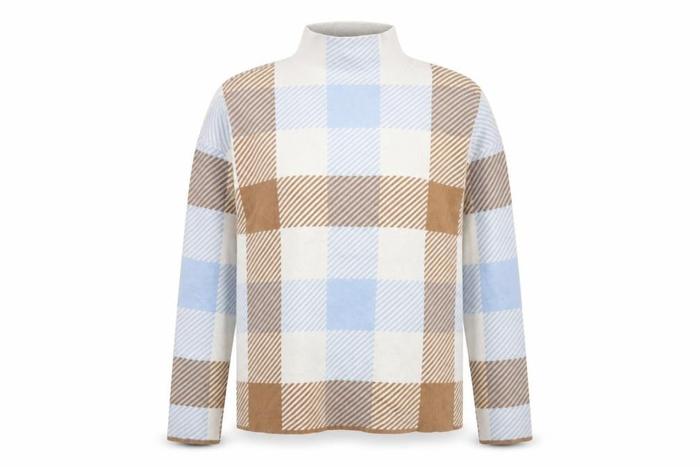 Tahari Women's Plaid Mock Neck Top - M, Beige/Blue/Brown