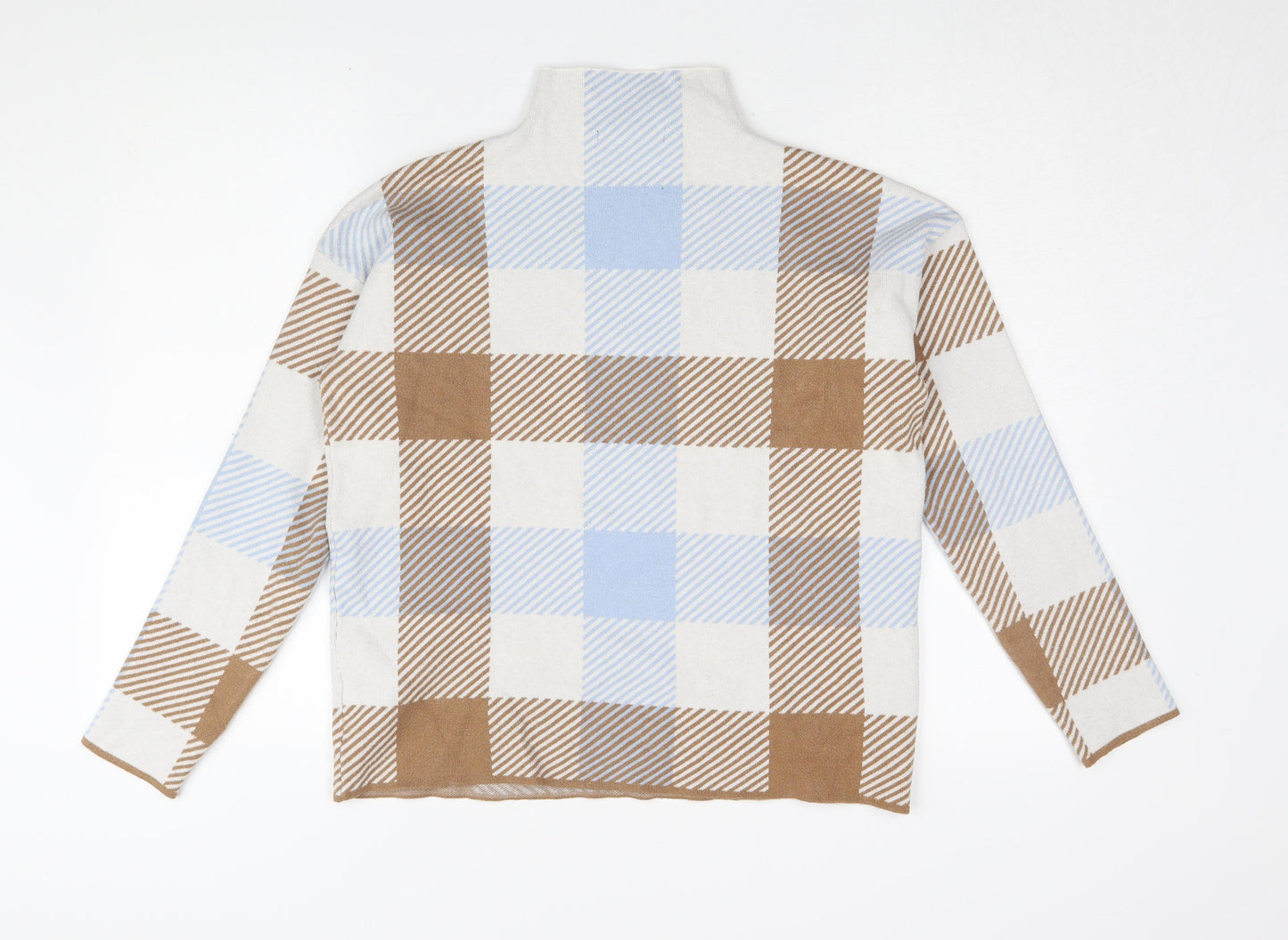 Tahari Women's Plaid Mock Neck Top - M, Beige/Blue/Brown