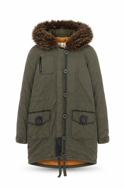 River Island Women's Green Parka Coat with Fur Trim, Size 8
