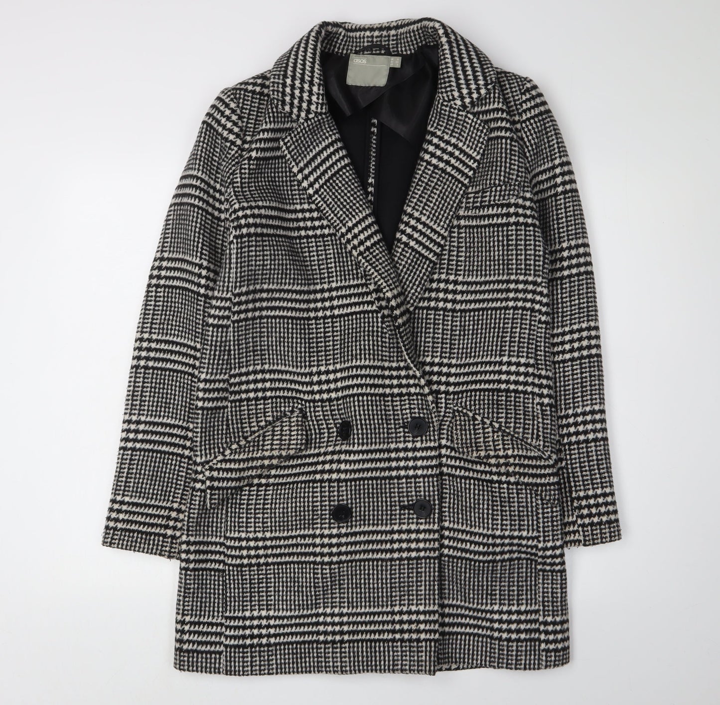 ASOS Women's Black Check Pea Coat, Size 8, Winter Classic