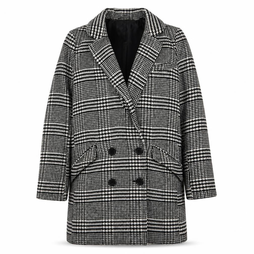 ASOS Women's Black Check Pea Coat, Size 8, Winter Classic