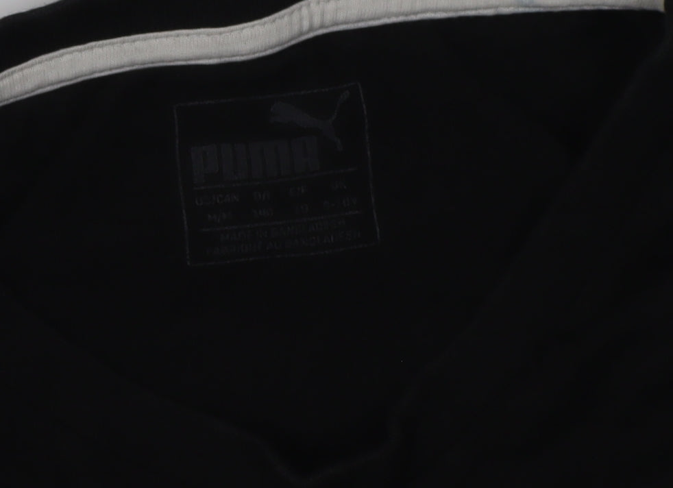 Close-up detail of Puma boys’ black graphic t-shirt, size 12, - casual short sleeve