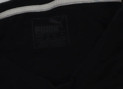 Close-up detail of Puma boys’ black graphic t-shirt, size 12, - casual short sleeve