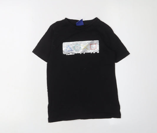 M&Co Boys Black Sequin Graphic T-Shirt 7-8 Years Short Sleeve