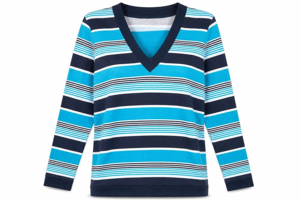 Damart Women's Blue Striped V-Neck Long Sleeve Tee