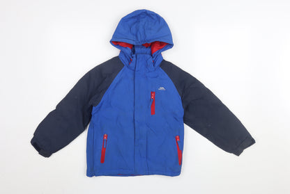 Additional front view of Trespass boys’' blue puffer jacket, size 7, waterproof winter wear