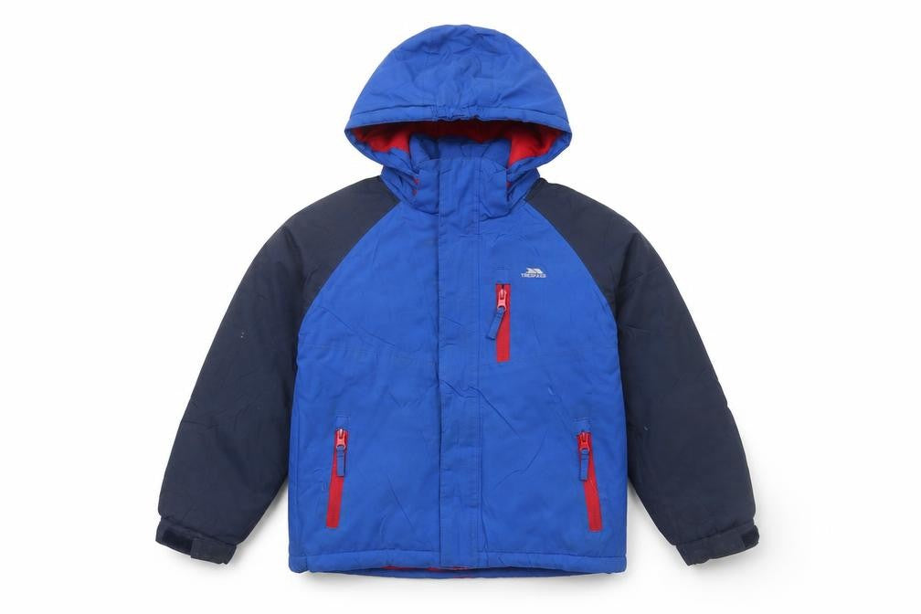 Front view of Trespass boys’' blue puffer jacket, size 7, waterproof winter wear