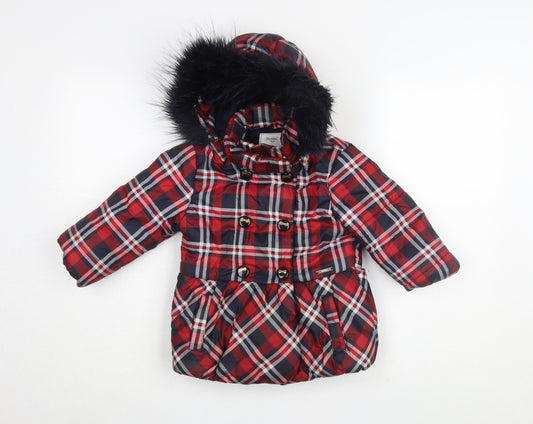 Mayoral Girls Red Plaid Coat with Faux Fur Trim, Size 6 Years