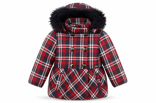 Mayoral Girls Red Plaid Coat with Faux Fur Trim, Size 6 Years