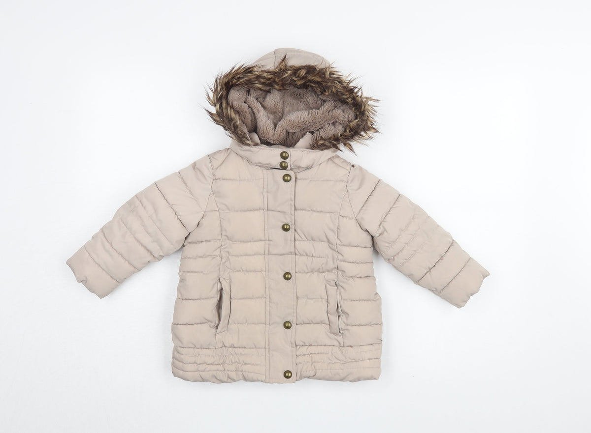 Additional front view of Brit Island girls’ beige puffer jacket, size 2-3, with fur trim