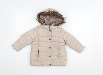 Additional front view of Brit Island girls’ beige puffer jacket, size 2-3, with fur trim