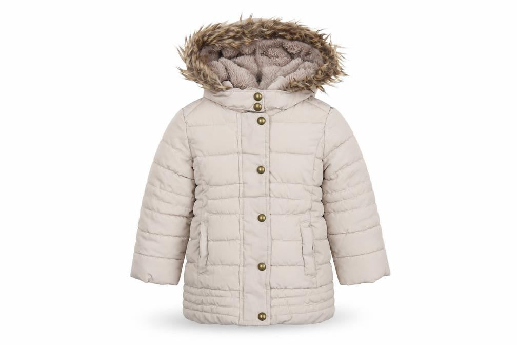 Front view of Brit Island girls’ beige puffer jacket, size 2-3, with fur trim