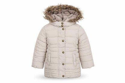Front view of Brit Island girls’ beige puffer jacket, size 2-3, with fur trim