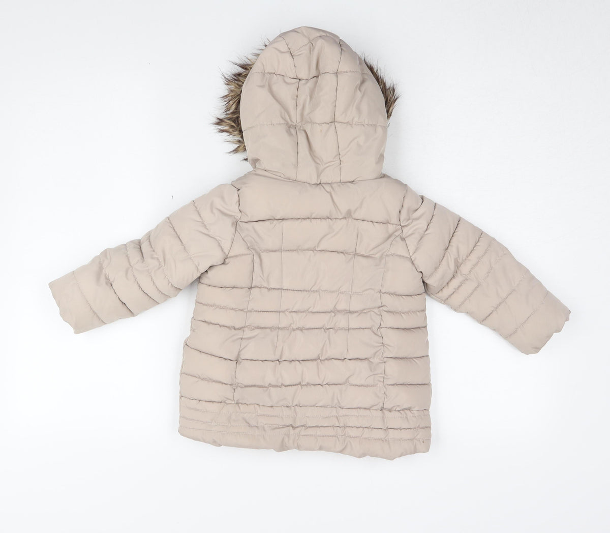 Back view of Brit Island girls’ beige puffer jacket, size 2-3, with fur trim