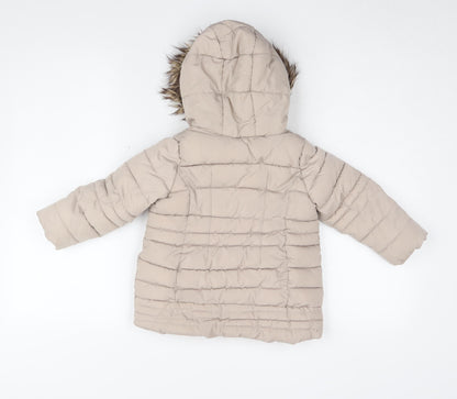 Back view of Brit Island girls’ beige puffer jacket, size 2-3, with fur trim