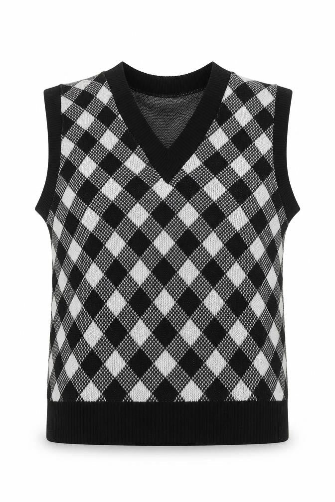 Naanaa Women's Black Sleeveless Argyle Knit Vest Size S/M