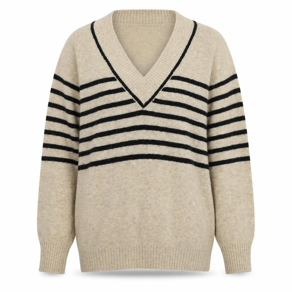 MNG Women's Beige V-Neck Striped Pullover Jumper XS