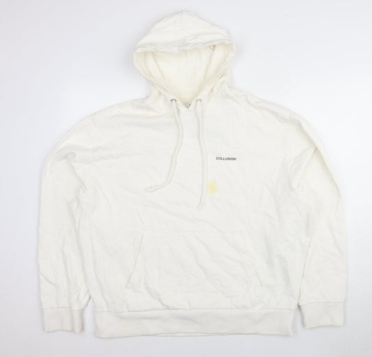 COLLUSION White Pullover Hoodie, L, Unisex, Logo, Cotton