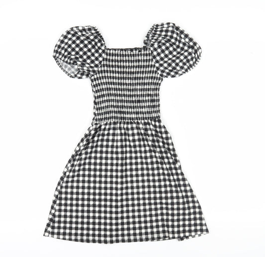New Look Girls Black A-Line Check Dress, 10-11 Years, Puff Sleeves