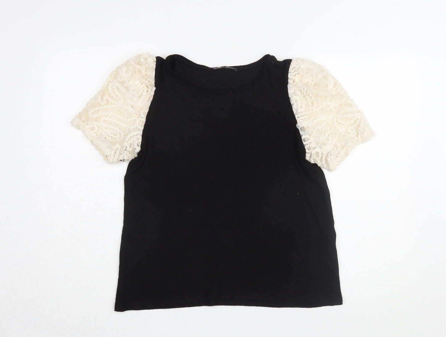 Zara Women's Black T-Shirt with Puff Sleeves - Size L