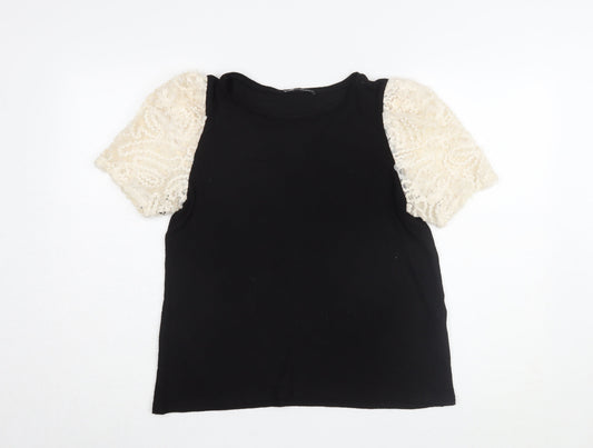 Zara Women's Black T-Shirt with Puff Sleeves - Size L