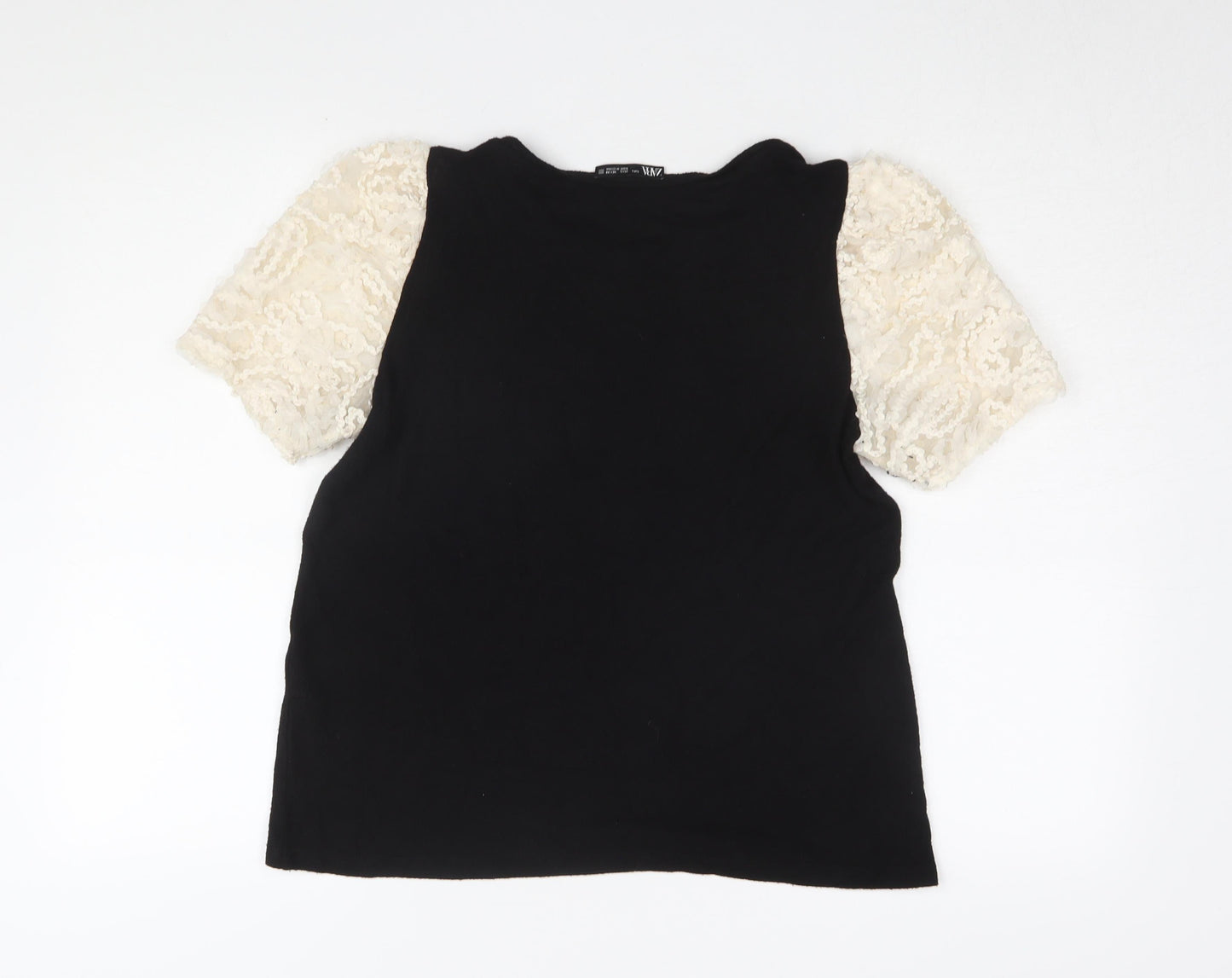 Zara Women's Black T-Shirt with Puff Sleeves - Size L