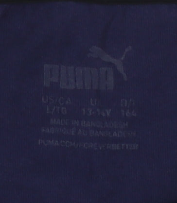 Close-up detail of Puma boys’ blue t-shirt, crew neck, size 13-14, years