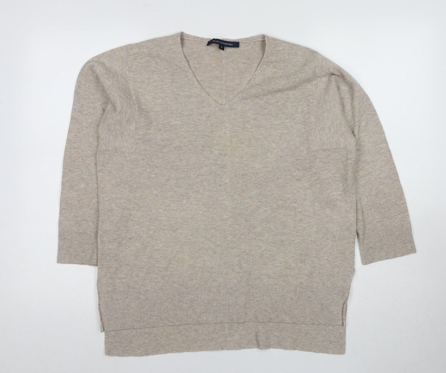 French Connection Women's Beige V-Neck Jumper, S, 3/4 Sleeve