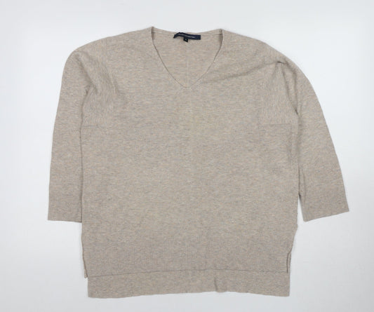 French Connection Women's Beige V-Neck Jumper, S, 3/4 Sleeve
