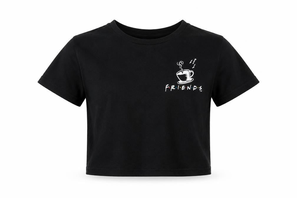Front view of Friends girls’ black cropped t-shirt, 7-8 years, graphic logo