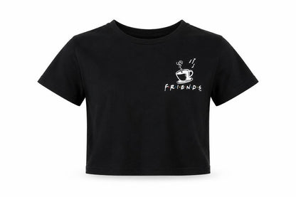 Front view of Friends girls’ black cropped t-shirt, 7-8 years, graphic logo