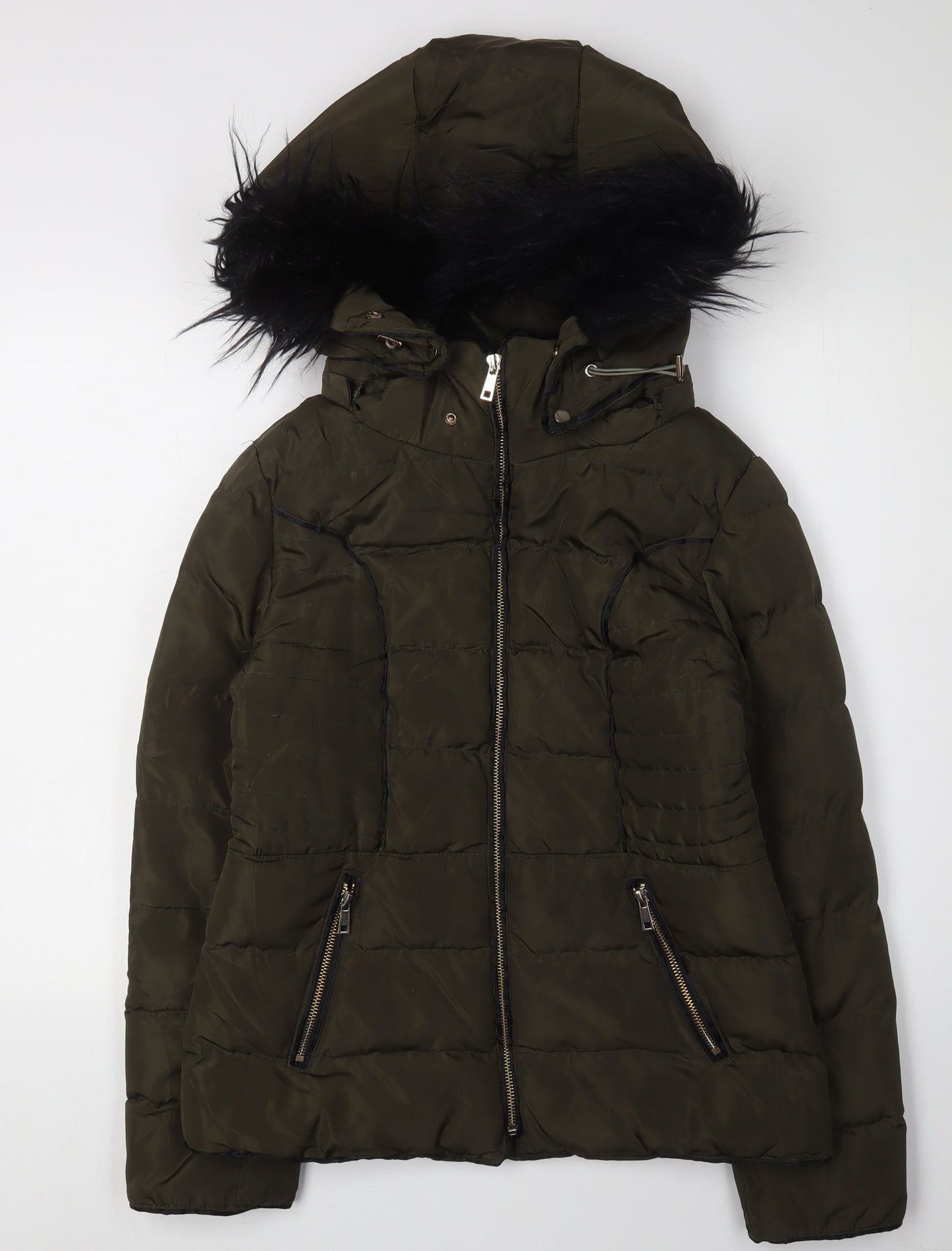 Parisian Women's Green Puffer Jacket Size 8, Hooded Fur Trim