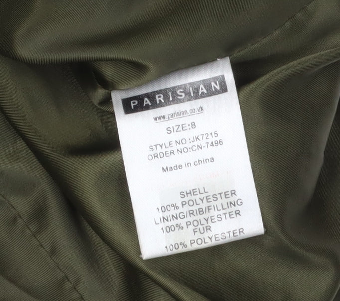 Parisian Women's Green Puffer Jacket Size 8, Hooded Fur Trim