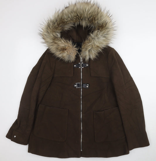 Zara Women’s Brown Parka Jacket with Fur Trim - Size S