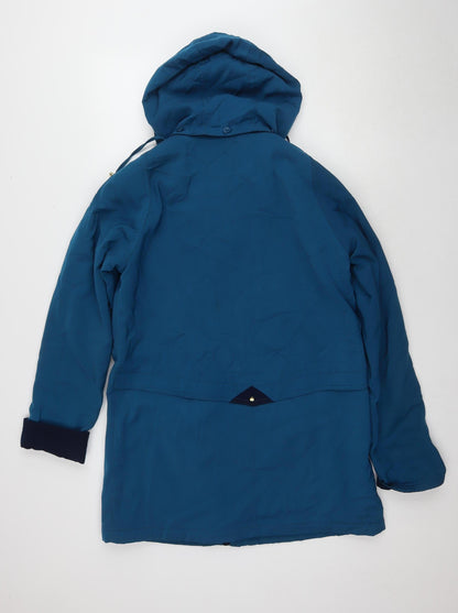 EWM Women's Blue Parka Jacket Size 12, Hooded, Button Accents