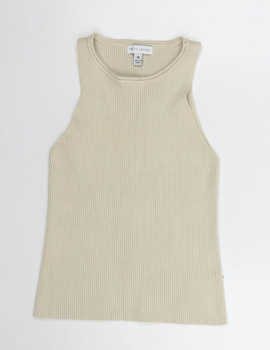 Pritty Lavish Women's Beige Ribbed Tank Top M Slim Fit