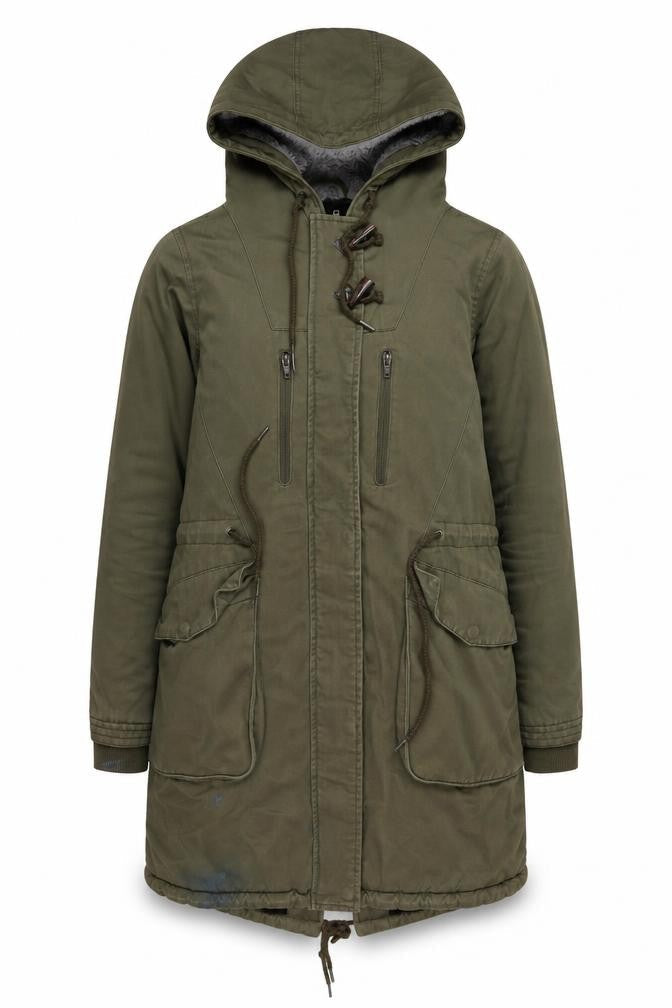 DC Women's Green Parka, Size M, Hooded Mid-Length Jacket