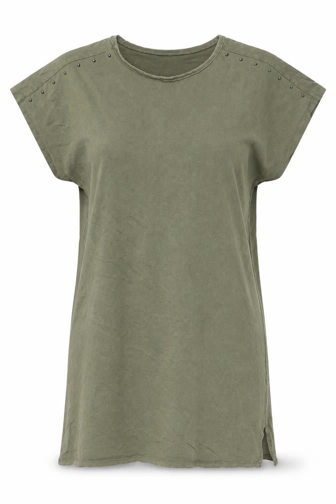 Bershka Women Green S Basic Crew Neck Studded Tee