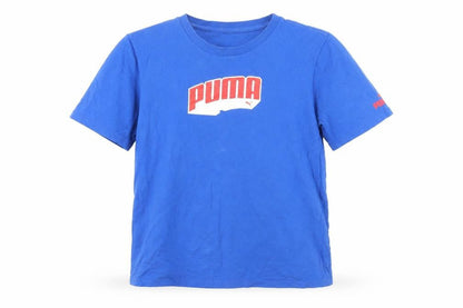 Front view of Puma boys’ blue graphic logo t-shirt, size L, regular fit