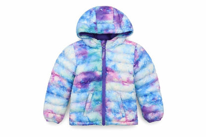 Front view of Mountain Warehouse girls’ multicoloured galaxy puffer jacket 2-3y