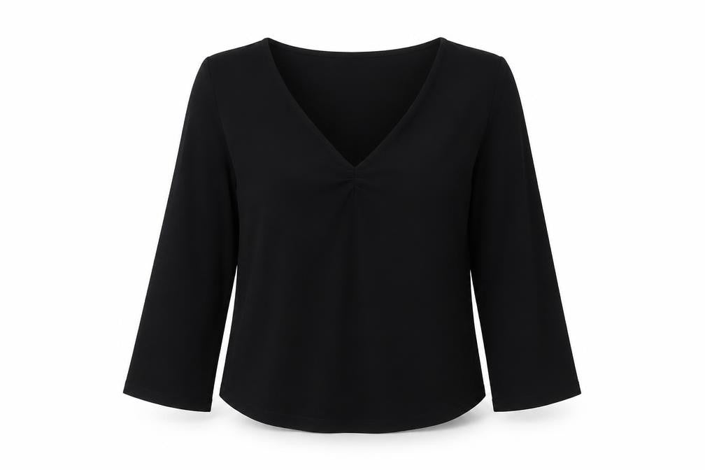 Kew Women's Black V-Neck 3/4 Sleeve Blouse XL