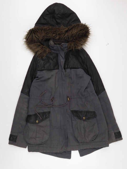Mado Unisex Grey Parka Jacket Size 12 with Fur Trim
