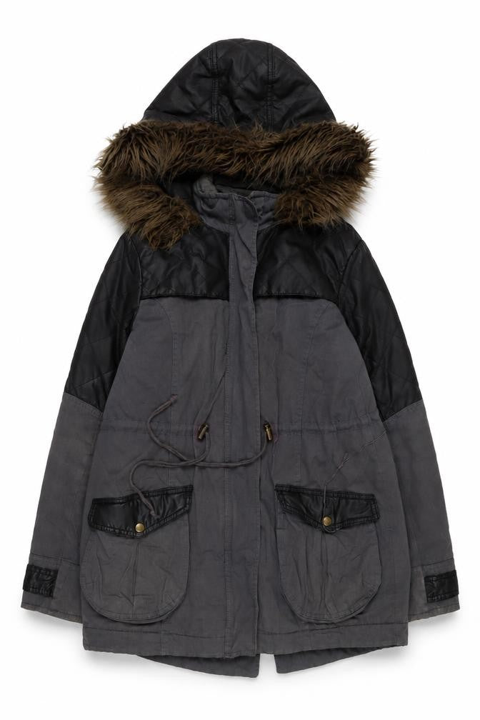 Mado Unisex Grey Parka Jacket Size 12 with Fur Trim